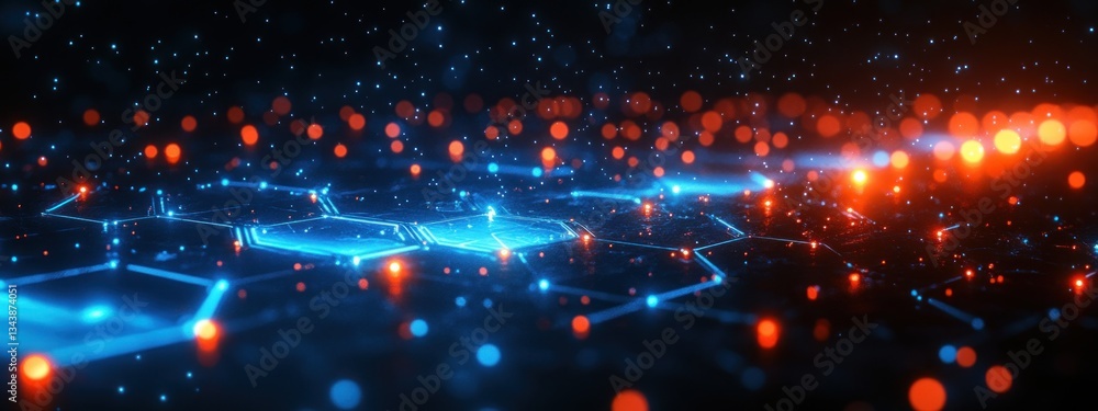 Poster futuristic digital network design glowing blue circuit patterns hexagonal shapes cyberpunk technolog