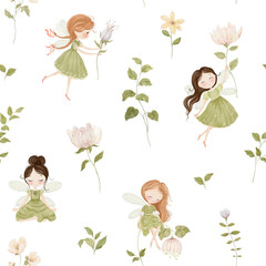 Watercolor pattern with cute fairies, abstract flowers and plants, isolated seamless print for wallpapers, textile or wrapping paper. Hand drawn design elements.