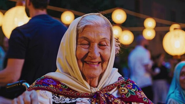Joyful Senior Woman with White Hair and Headscarf at a Festive Celebration Surrounded by Blurred Lantern Lights, Smiling and Engaging with the Crowd