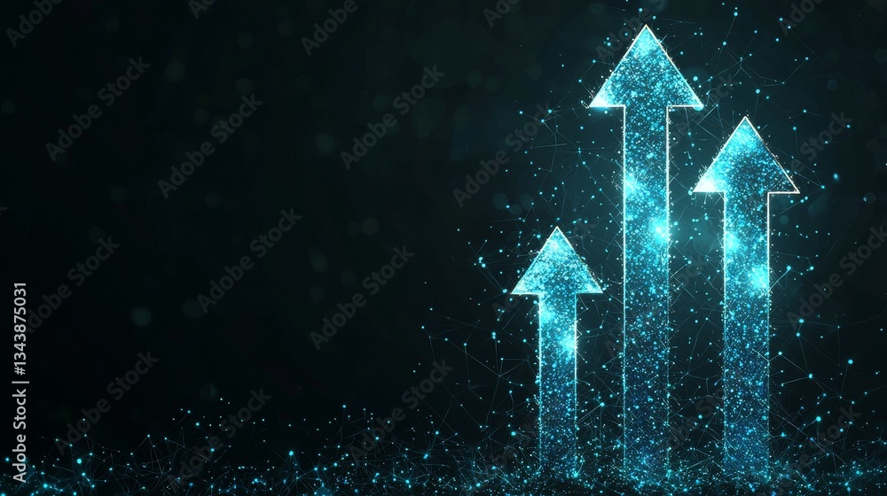 Aufkleber up arrows in a blue, futuristic style, set on a dark technology background with glowing dots or star