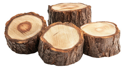 Stack of rustic tree stumps with visible growth rings on a transparent background Concept of nature, forestry, and sustainable wood