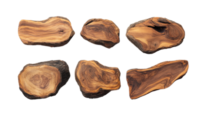 Collection of Six Rustic Olive Wood Slices on a Transparent Background for Crafts and Design