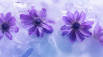Obraz premium Beautiful purple flowers resting on ice, creating a serene atmosphere with soft lighting and gentle colors