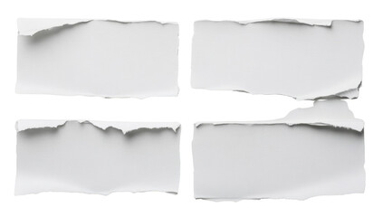Four ripped pieces of white paper on a transparent background, showcasing texture and edges for creative design and collage elements
