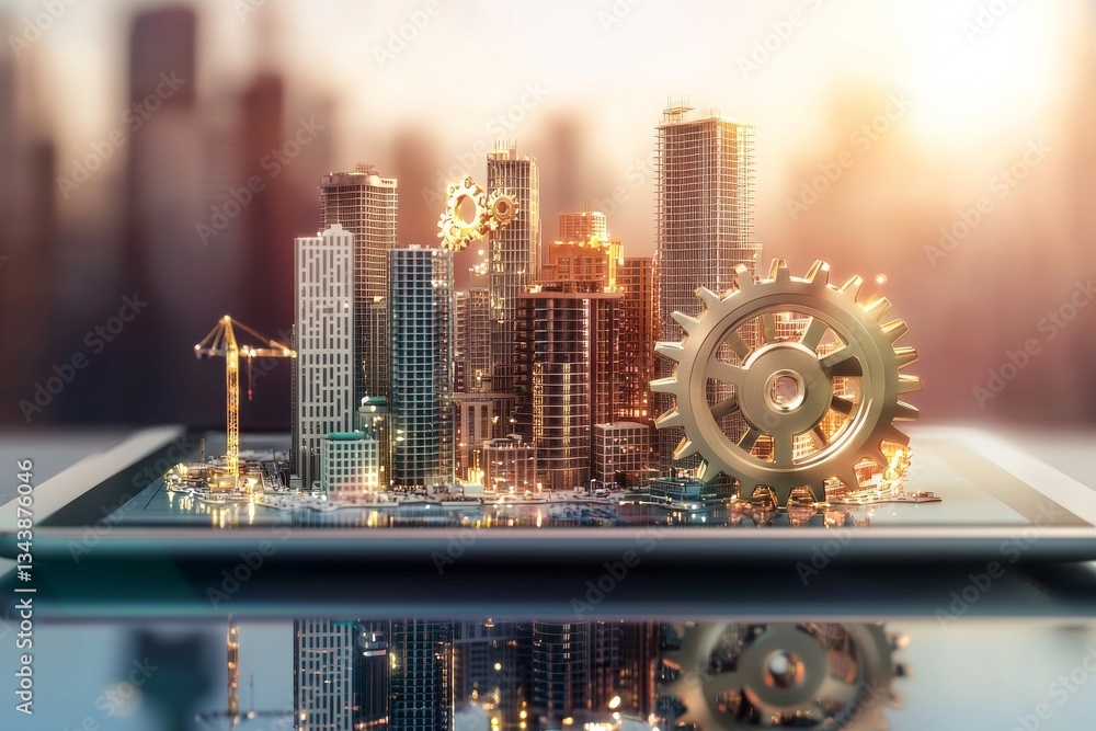Poster stock image of a tablet showcasing an innovative tech concept, blending gears and skyscrapers to rep