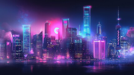 A sleek, modern urban landscape with a kaleidoscope of bright lights and towering skyscrapers serves as the ultimate premium background for showcasing the latest technological innovations
