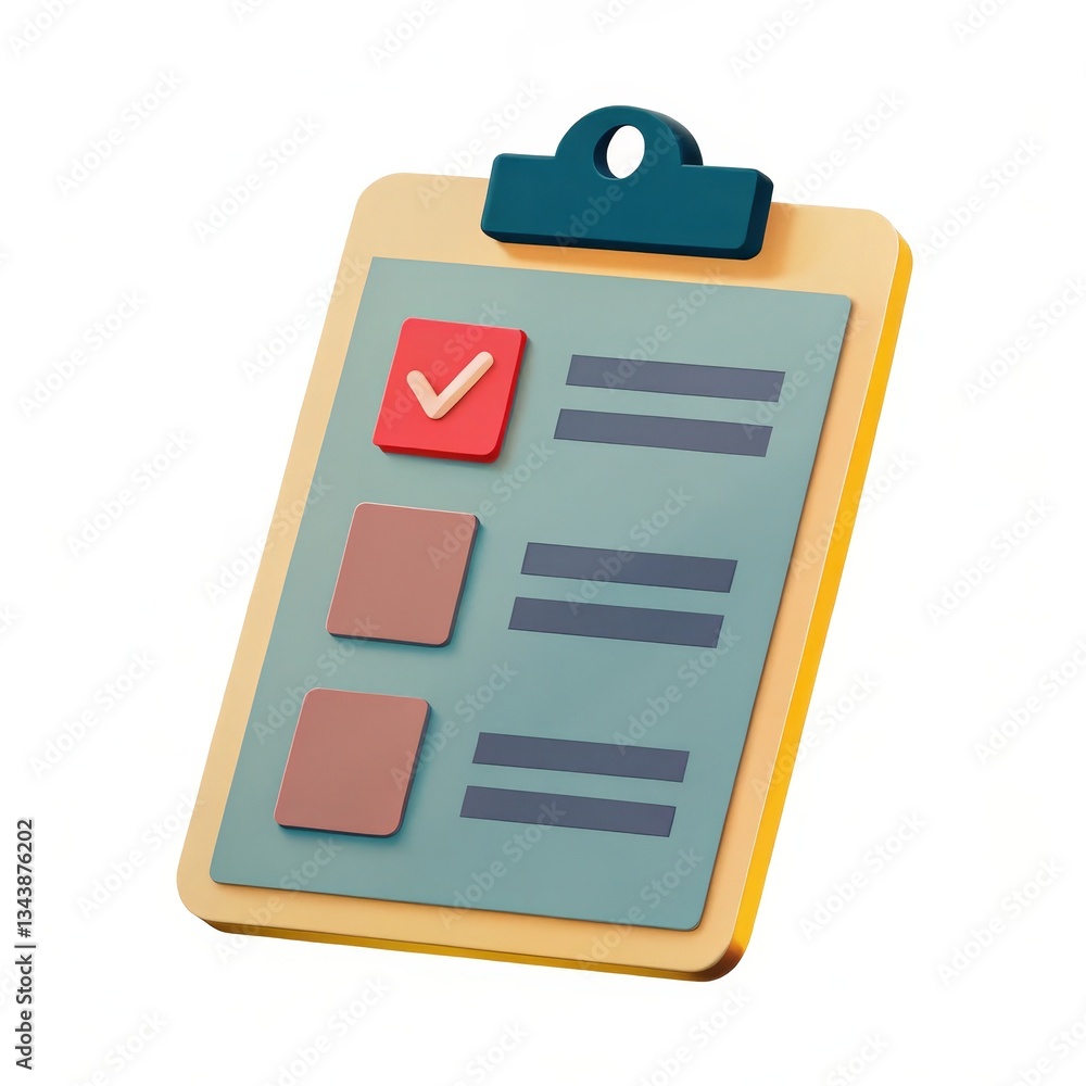 Poster office equipment concept, checklist with checkmark and empty boxes on a clipboard design.