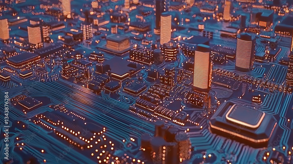 Aufkleber digital technology circuit boards in computers showcase neon glowing accents, futuristic bright blue