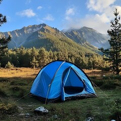A blue camping tent set up in a scenic mountain landscape, surrounded by lush greenery and towering peaks, creating a peaceful and adventurous outdoor experience