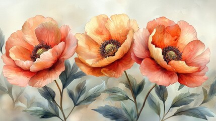 Vibrant watercolor painting of three blooming orange poppies with soft background