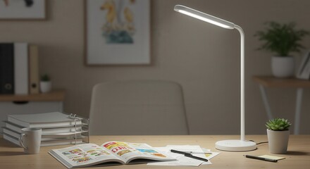 Fototapeta premium Studying with Desk Lamp on Wooden Table in Home Office Setup