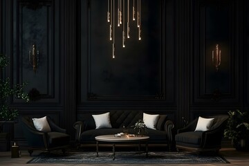 Living Interior with Table, Sofas, and Black Wall Theme