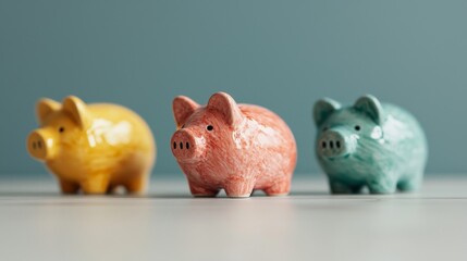 Vibrant piggy banks stood in a row, embodying a range of savings choices, signifying a variety of financial paths, and welcoming promotional language for savings awareness initiatives