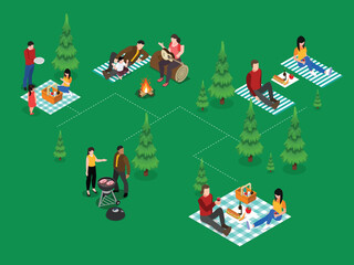 Family Picnic and Outdoor Recreation Scene with People Barbecuing and Relaxing in Nature 3d flat vector illustrations