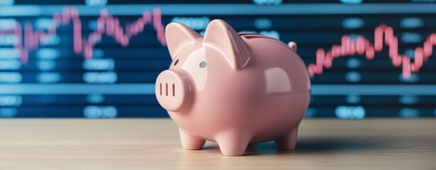 Against a dynamic backdrop of stock market fluctuations, a piggy bank stands as a steadfast symbol of strategic savings and investment