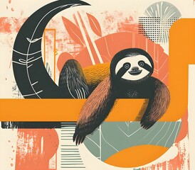 Obraz premium Modern style poster with sloth , The animal is set against a background of abstract forms and pastel 