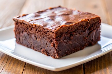 Decadent Fudgy Brownie on White Plate - Delicious Dessert Stock Photo
