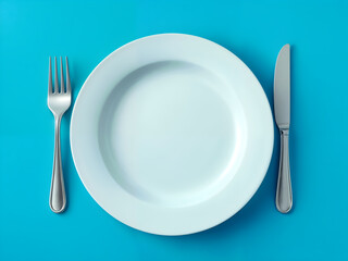 Minimalist blue plate with fork and knife on a clean, modern background. Generative AI