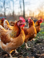 Fototapeta premium Sunset Farm Hens for Rural Idyll.