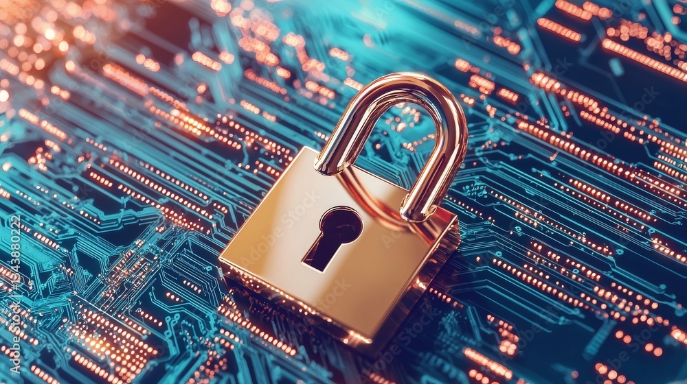 Poster the concept of cybersecurity involves a digital lock icon, cybersecurity tech, network data protecti