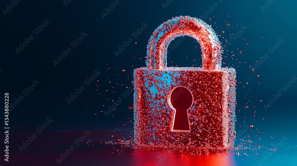 Poster a digital lock icon is used to represent cybersecurity, which encompasses tech network data protecti