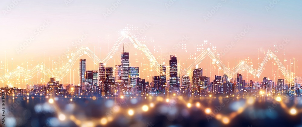 Poster the skyline of a futuristic city incorporates abstract data visualizations and glowing accents that 