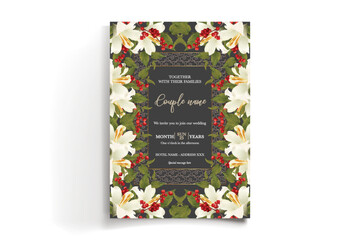WEDDING INVITATION FRAME WITH FLOWER DECORATIONS AND FRESH LEAVES