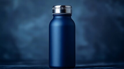 A blue bottle with a silver lid sits on a table