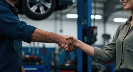 Business agreement in automotive workshop: closeup of handshake between mechanic and client