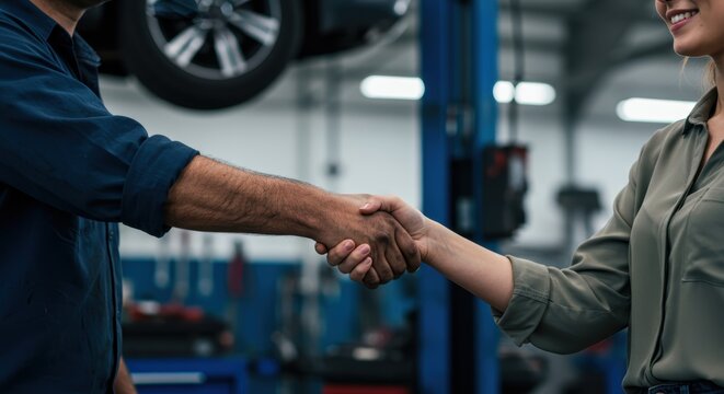 Business agreement in automotive workshop: closeup of handshake between mechanic and client