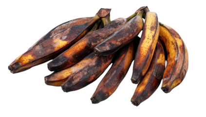 Overripe bananas on a transparent background, showing signs of decay and spoilage, ideal for illustrating food waste, composting, or the life cycle of fruit