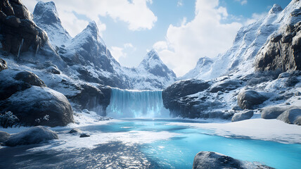 Frozen Winter Waterfall in a Snow-Covered Mountain Landscape
