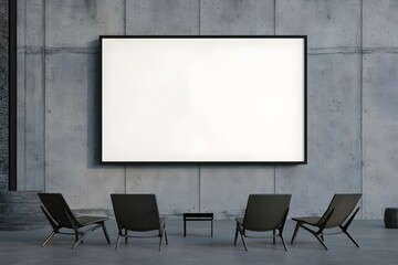 Empty Blank Screen on Concrete Wall with Chairs Setup