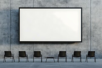 Empty Blank Screen on Concrete Wall with Chairs Setup