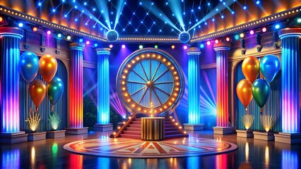 Vibrant Game Show Stage with Spinning Prize Wheel | Neon Lights and Festive Atmosphere