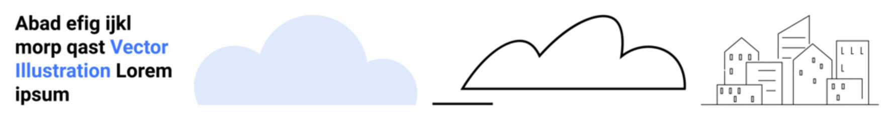 Blue cloud, black outline cloud, and simple linear cityscape with geometric buildings. Ideal for weather, architecture, cloud technology, urban planning, simplicity, creativity simple landing page