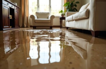 Living room after flooding sofas and floor in water