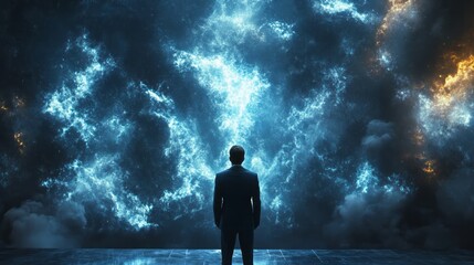 Businessman gazes upon a surreal cosmic and cloudy vista