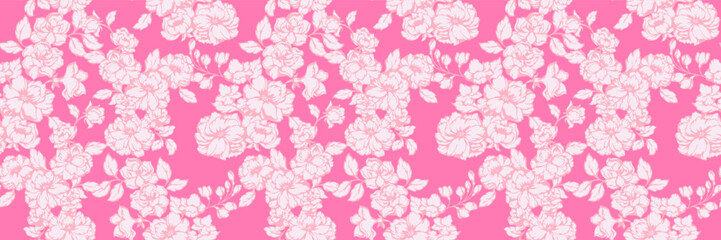 Seamless floral pattern with blooming flowers and leaves on a bright pink background. Ideal for fabric, wallpaper, packaging, and digital design. Elegant and cheerful floral design.