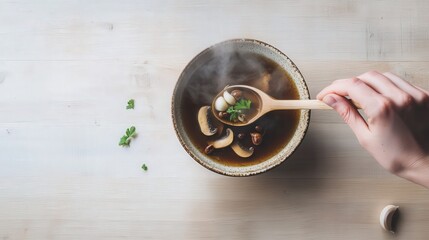 Dynamic scene capturing a hand ladling mushroom broth with porcini and garlic into a bowl. Steaming and beautifully arranged, creating an inviting, rustic appearance.