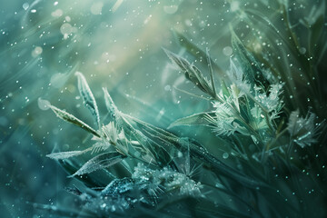 intricate of frozen crystals and soft flakes, adorning vibrant emerald blades, captures essence of winter's icy embrace intertwining with gentle whispers of spring's awakening
