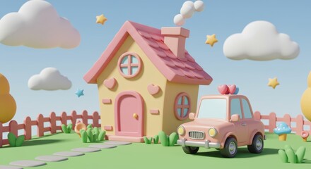 Naklejka premium Whimsical pastel world with cartoon house and car in a fantasy landscape