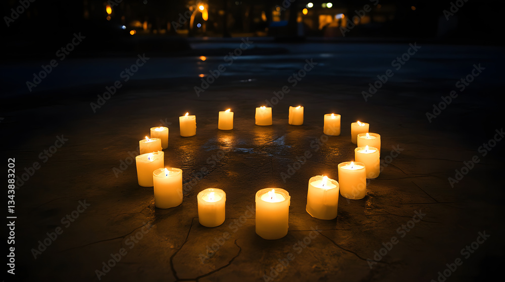 Poster a circle of softly lit candles arranged on the ground creating a serene and reflective atmosphere du