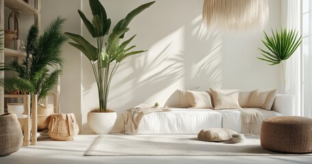Minimalist living room with neutral tones and lush plants.