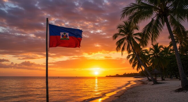 Stunning haitian sunset over tropical beach with flag and palm trees