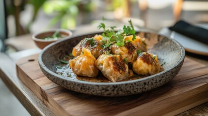 Fototapeta premium Trendy scene with rustic dumplings filled with beef and herbs, on ceramic plate. Light golden, topped with fresh herbs, on rustic wooden board, warm natural light.