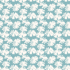 Seamless floral pattern with white tropical flower silhouettes on a turquoise background. Ideal for fabric design, wallpapers, wrapping paper, and digital backgrounds. Feminine and exotic modern.