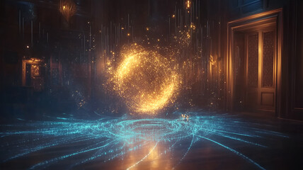 Fototapeta premium Magical Energy Portal Forming in a Mystical Room with Glowing Runes
