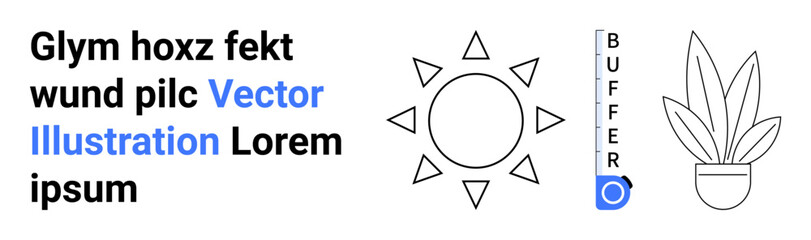 Sun icon with rays, vertical text design reading BUFFER, and a minimalist potted plant outline. Ideal for nature, solar energy, sustainability, ecology, communication, tech flat landing page banner