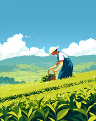Fototapeta premium Illustration of matcha tea leaves, harvesting, processing, traditional tools, tea ceremonies, matcha beverages, desserts, and green tea plantations on a white background.